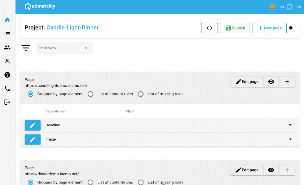 Screenshot: admatchly Landingpage Variationen