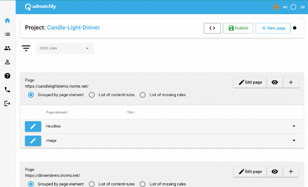 admatchly - Point and Click editor für variable Landingpages